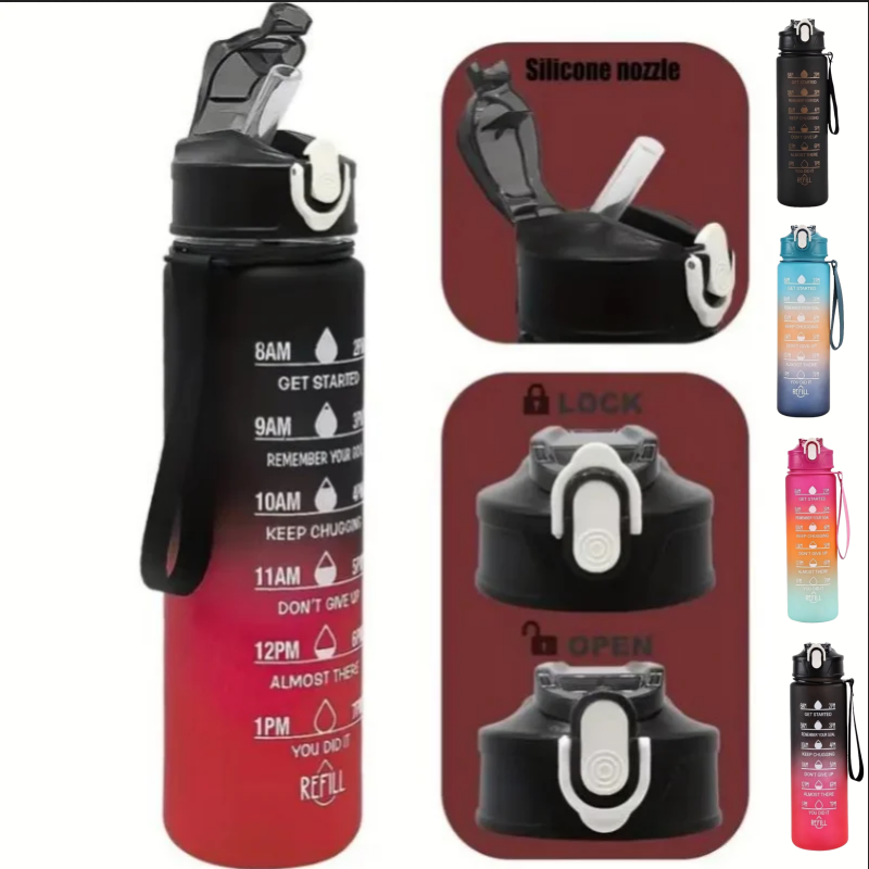 Outdoor Sports Adventure - 750mlスポーツウォーターボトル、時間トラッキングストロー付き、漏れ防止ロック式フリップカバーで持ち運び簡単、アウトドアアドベンチャーに最適