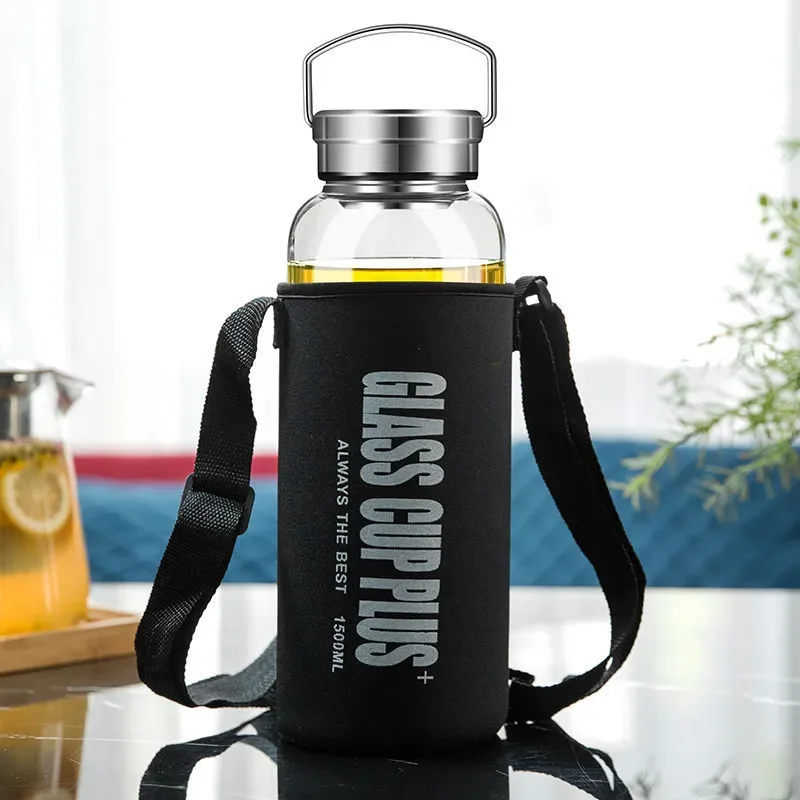 Outdoor Sport Glass Water Bottle - ストラップ付き 2L ガラス水ボトル、スポーツ水ボトル屋外旅行ポータブル漏れ防止箸置き茶ガラスボトル注入器付き