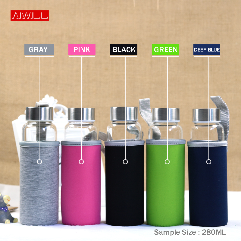 Aiwill-保護バッグ付きスポーツグラスボトル,280ml - Outdoor Sport Glass Water Bottle のレビューと価格